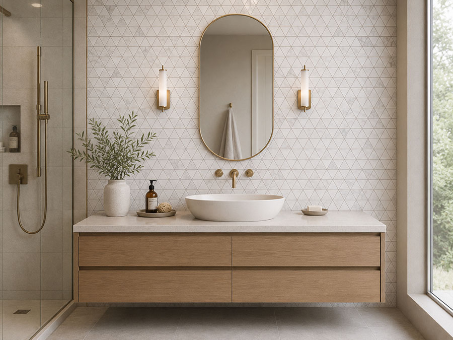 White marble triangle wall tiles behind a modern bathroom vanity