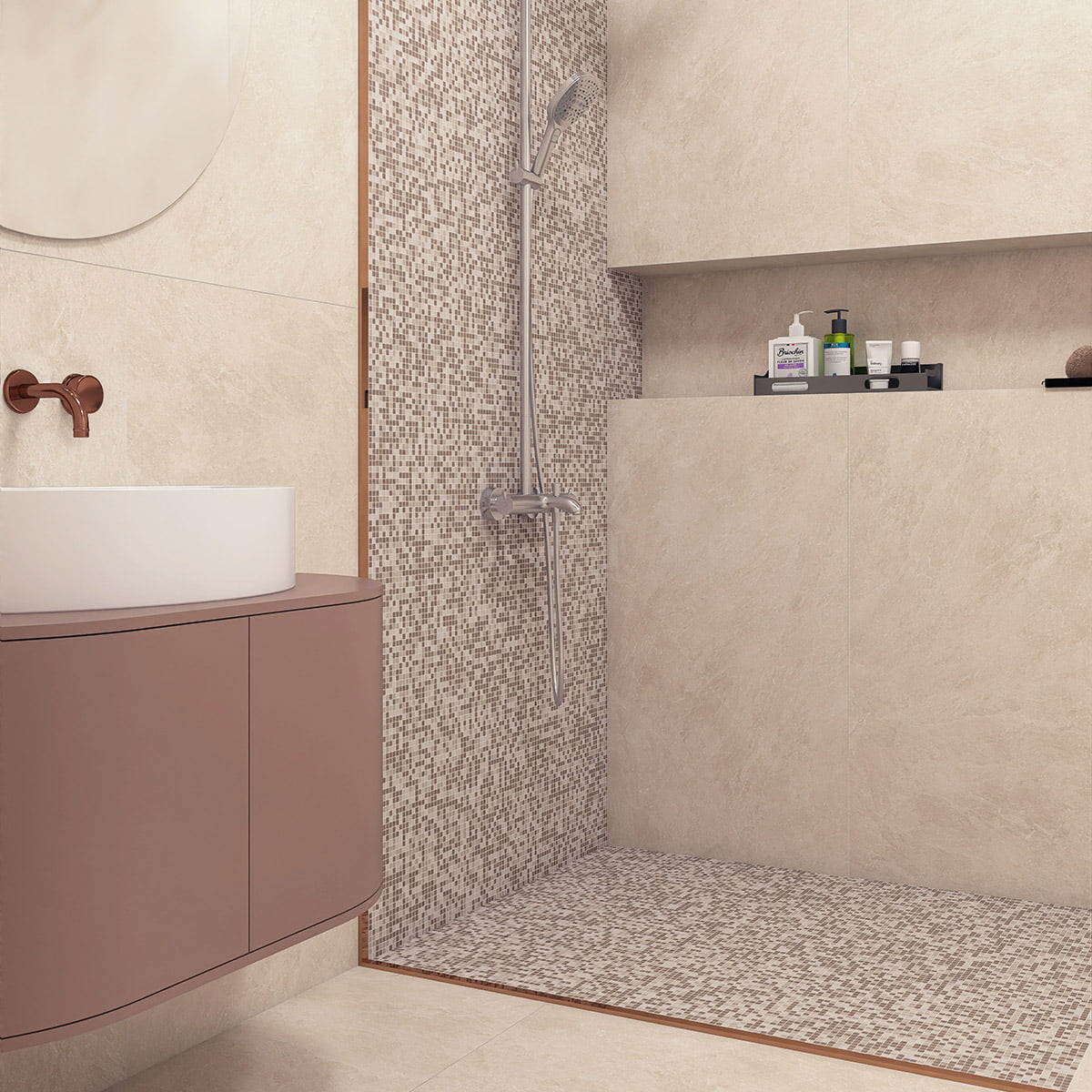 Bathroom with beige mosaic tiles on the shower wall and a modern sink unit