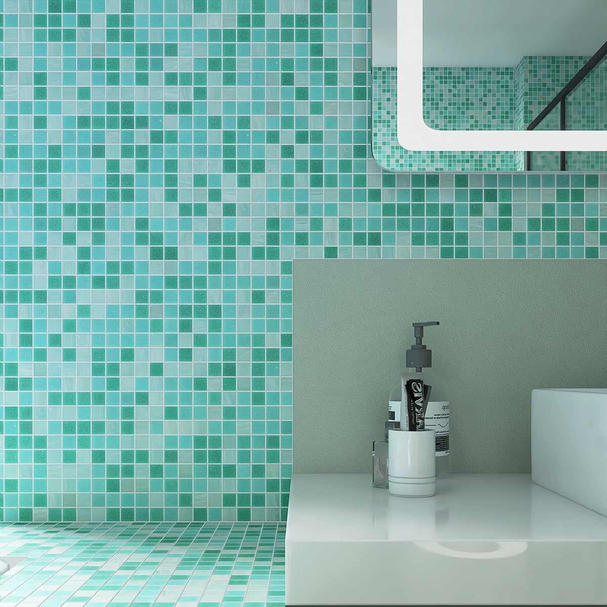 Bathroom with turquoise mosaic tiles on the wall and floor