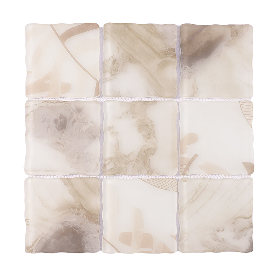 Beige cream wavy square glass mosaic tile sheet with soft leaf patterns