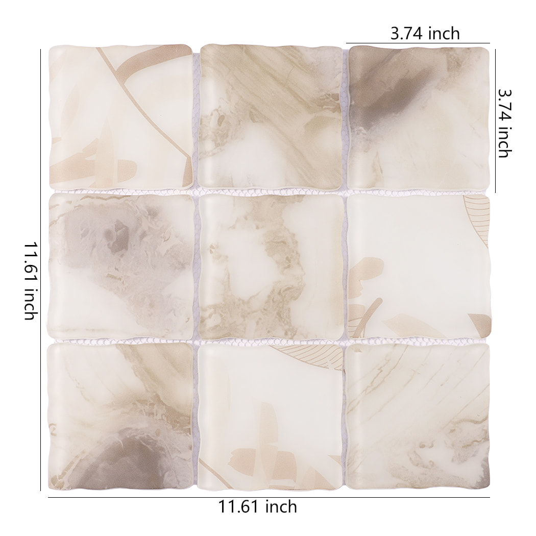 Beige cream wavy square glass mosaic tile sheet with 3.74 inch pieces