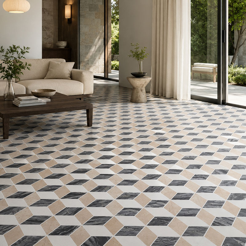 Geometric marble floor tiles in a sunlit modern living room with garden views
