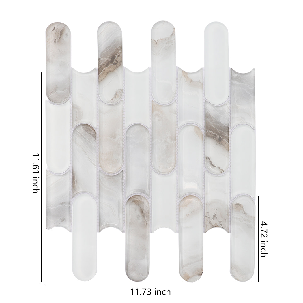 Beige gray and white interlocking rounded linear glass mosaic tile with dimensions