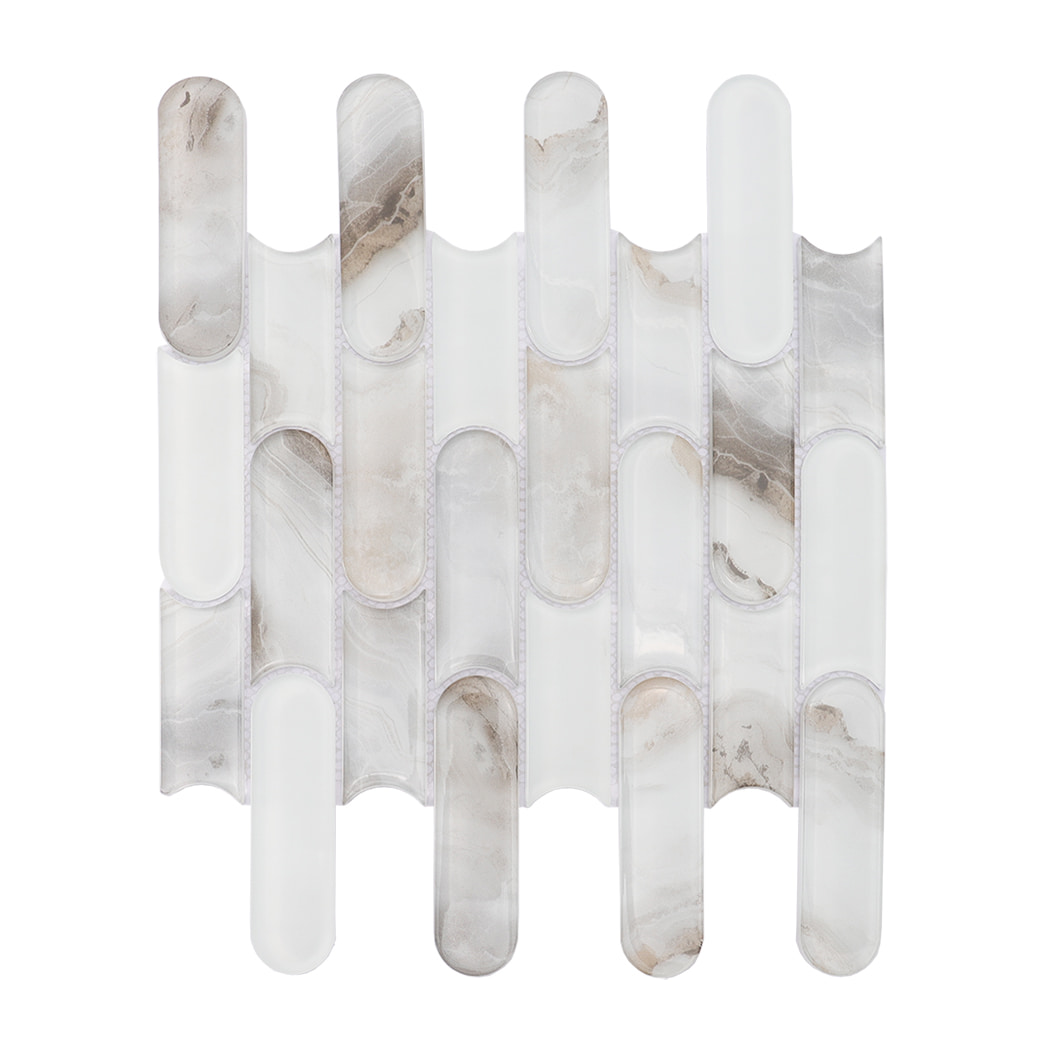 Beige gray and white interlocking rounded linear glass mosaic tile sheet