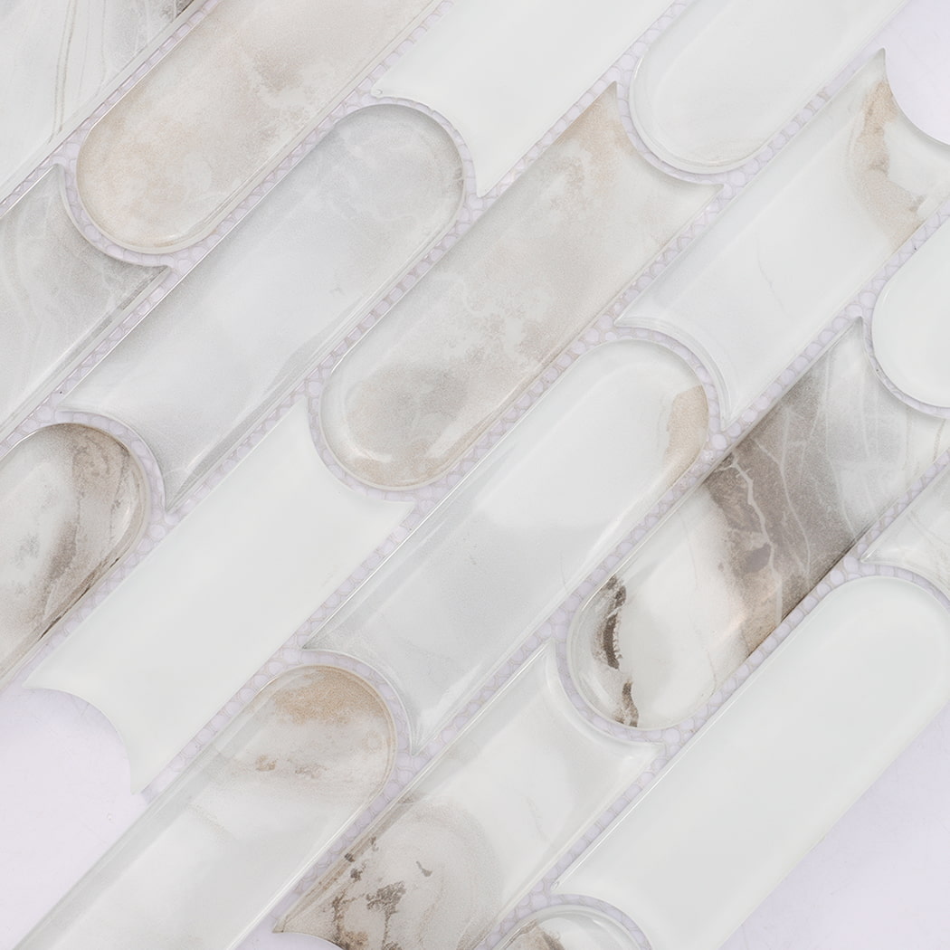 Beige gray patterned and white interlocking rounded linear glass mosaic detail