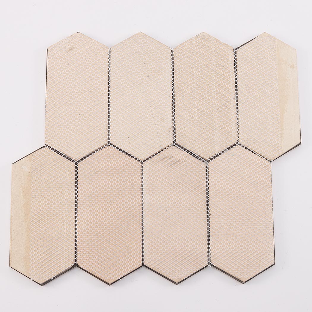 Beige hexagon metal mosaic tile sheet with mesh backing for easy installation