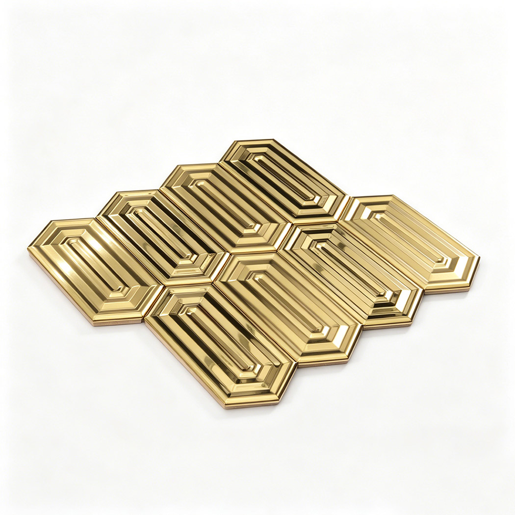 Gold hexagon stainless steel mosaic tile mesh mounted sheet angled view