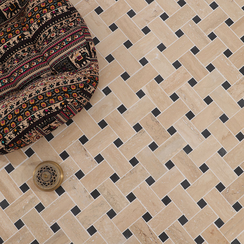 Beige Marble Basketweave Mosaic Floor Tile Close View