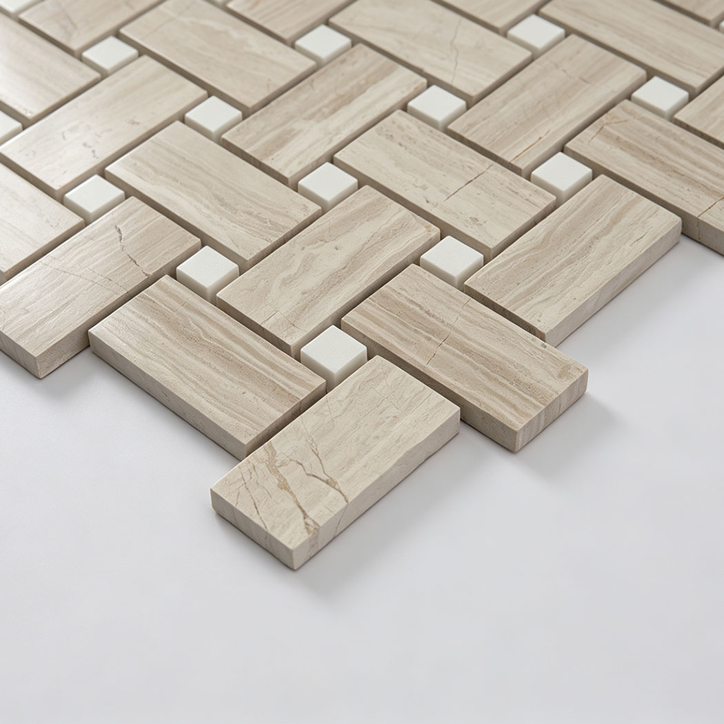 Side view of beige marble basketweave mosaic tile with white square accents