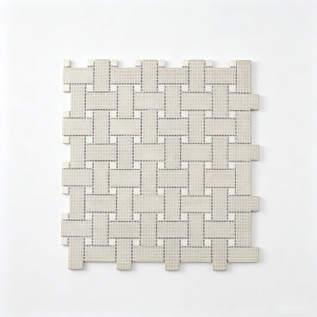 Mesh backing of beige marble basketweave mosaic tile with white square accents