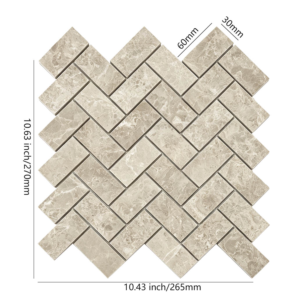 Beige marble herringbone mosaic tile sheet with natural veining