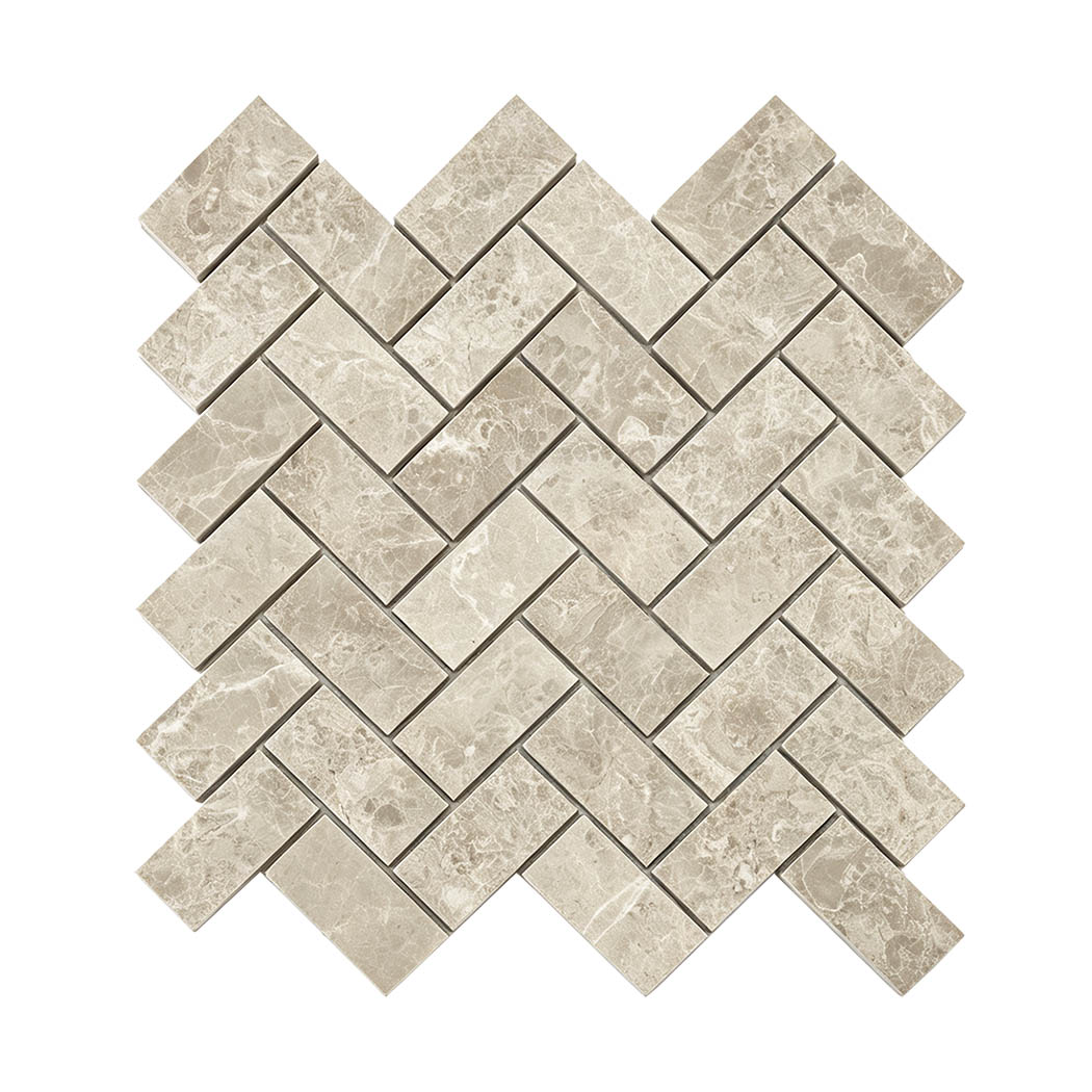 Beige marble herringbone mosaic tile with a classic interlocking pattern