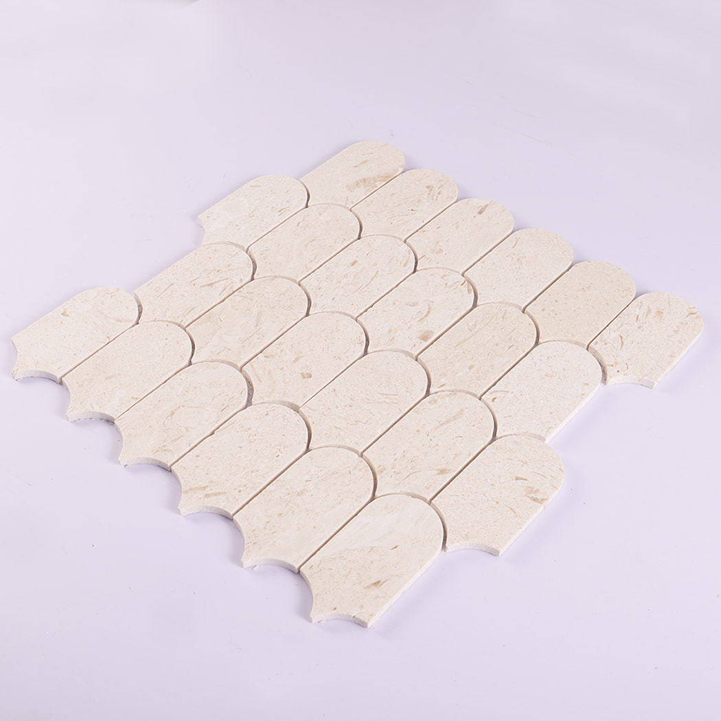 Perspective view of beige marble mosaic sheet on white background