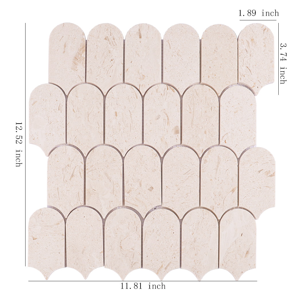 Beige marble mosaic tile sheet with inch measurements shown
