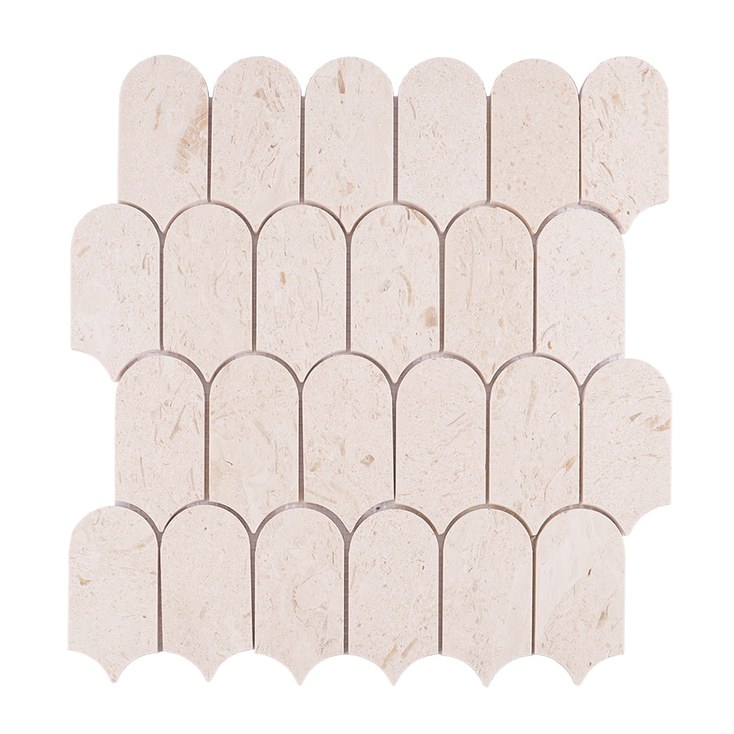 Front view of beige marble mosaic tile with arched pattern