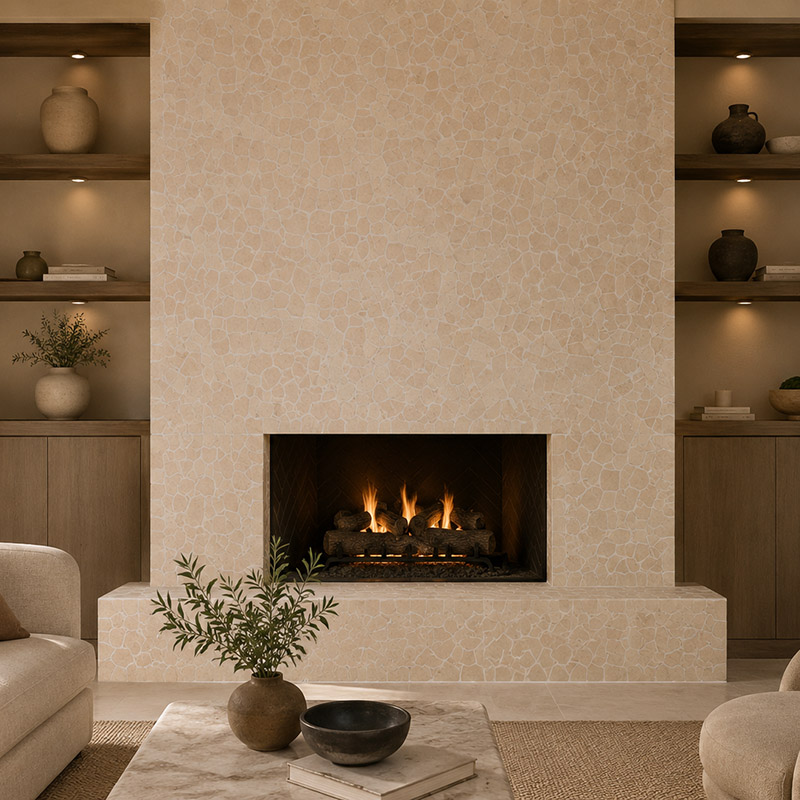 Beige marble tile fireplace with natural stone texture in a modern living room