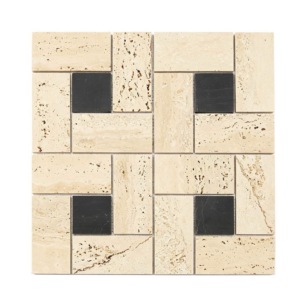 Front view of beige travertine and black marble geometric mosaic tile