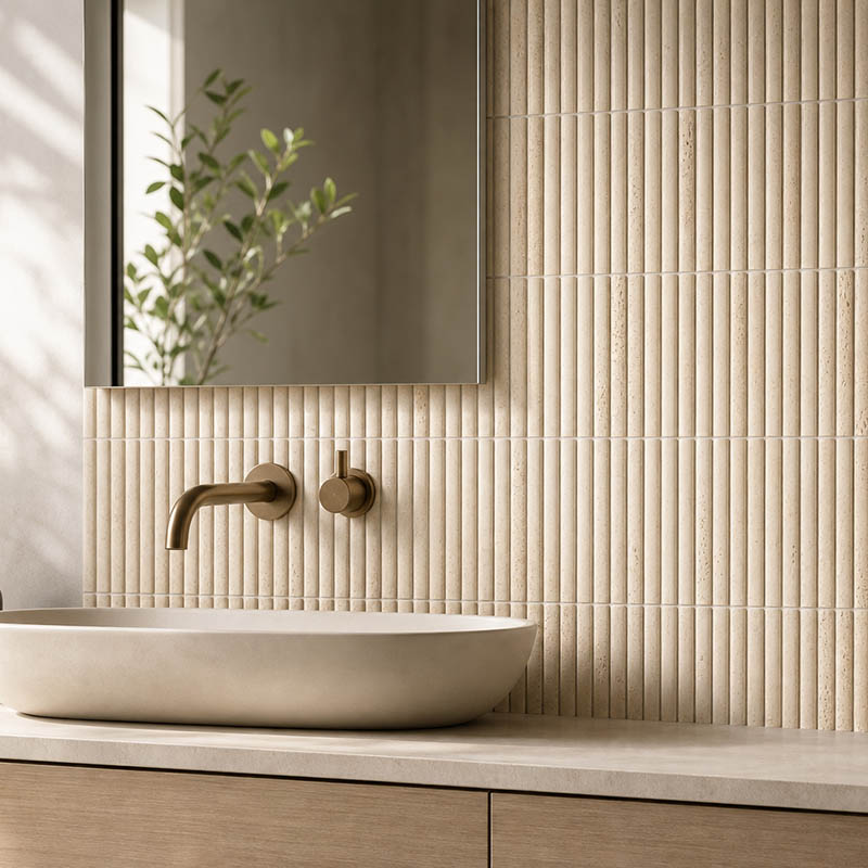 Beige travertine fluted bathroom backsplash with vessel sink and brass faucet