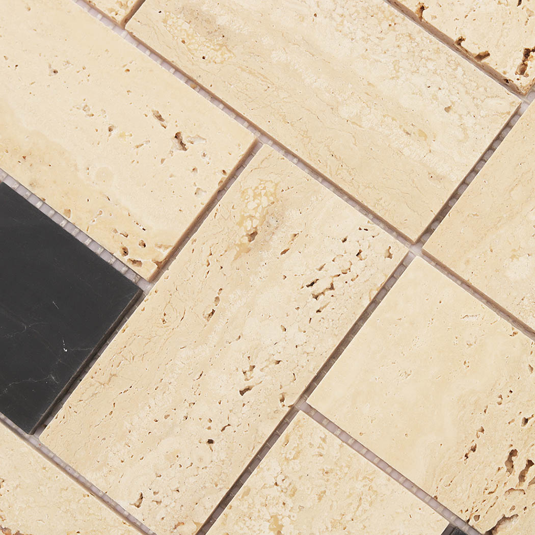 Detailed view of beige travertine geometric mosaic tile surface