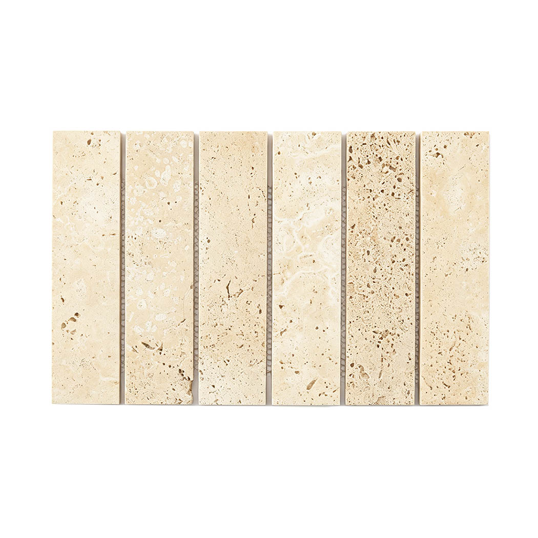 Front view of beige travertine rectangular mosaic tile with natural porous texture