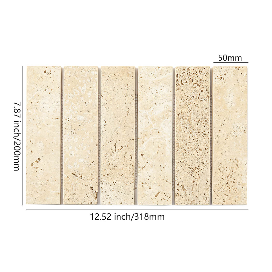 Beige travertine strip mosaic tile with 50 x 200 mm pieces and sheet dimensions