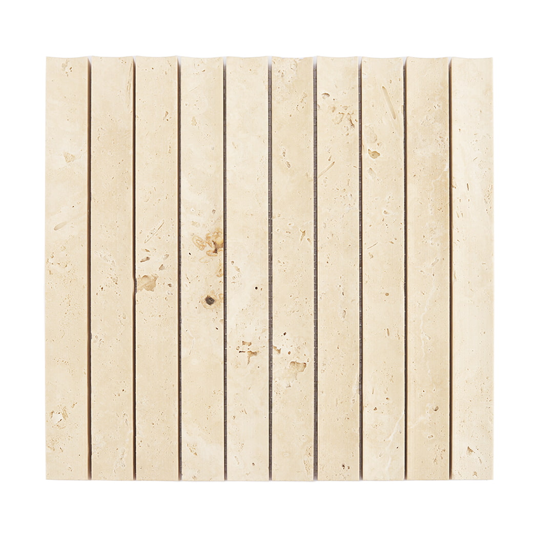 Full front view of a square Beige Travertine fluted marble mosaic tile sheet.