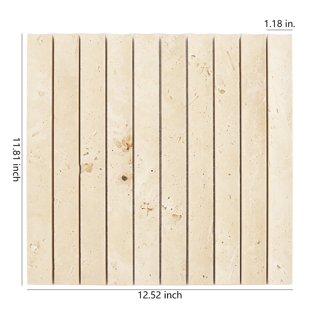 Front view of Beige Travertine fluted mosaic tile sheet with detailed size annotations