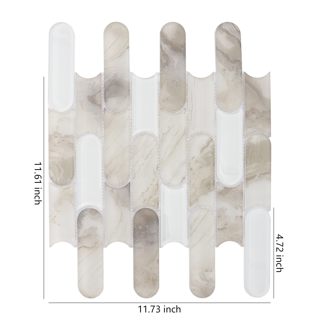 Beige white interlocking capsule glass mosaic tile sheet with size dimensions
