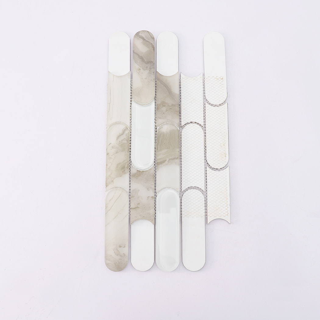 Back view of beige white interlocking capsule glass mosaic tile on mesh