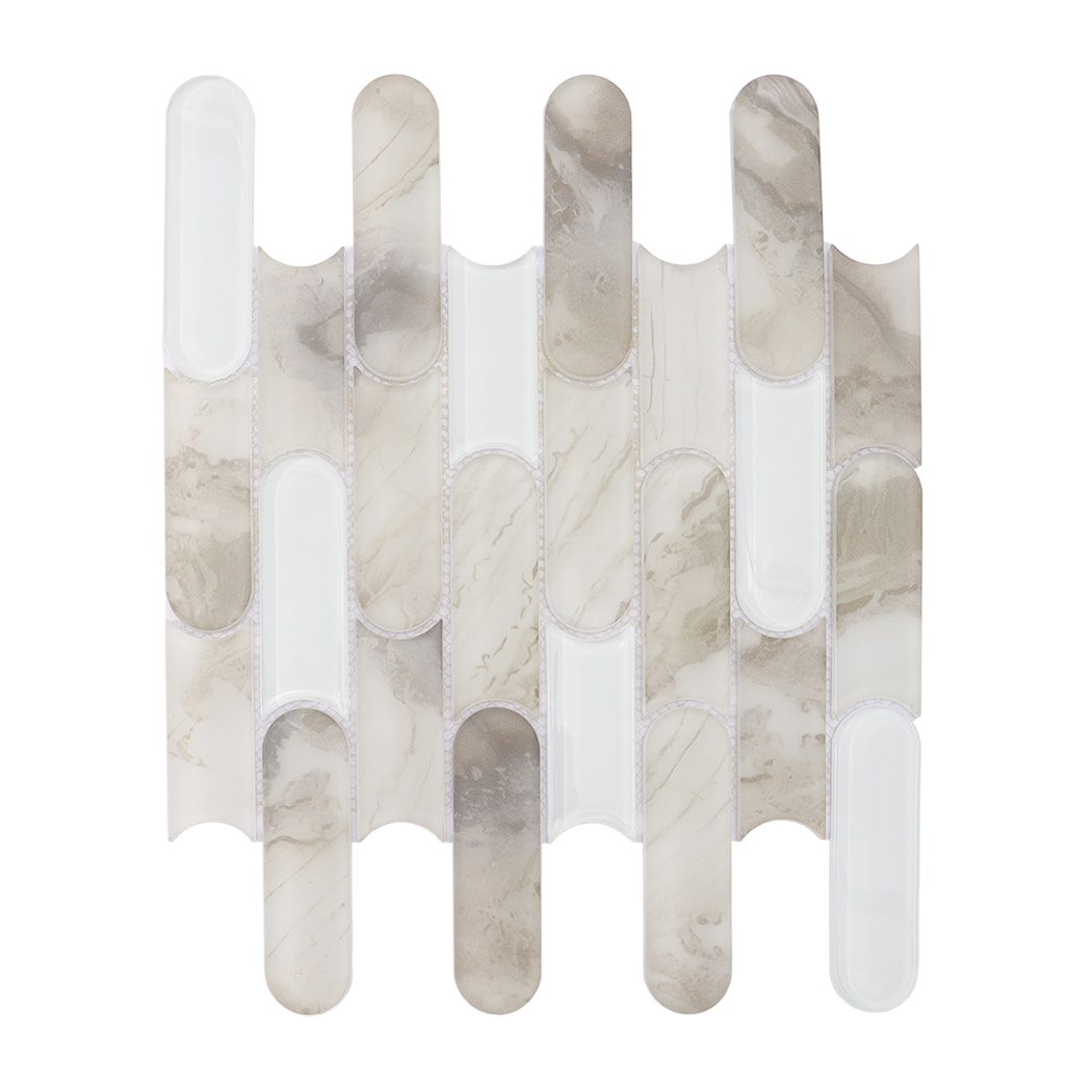 Beige white interlocking capsule glass mosaic tile sheet on a white background