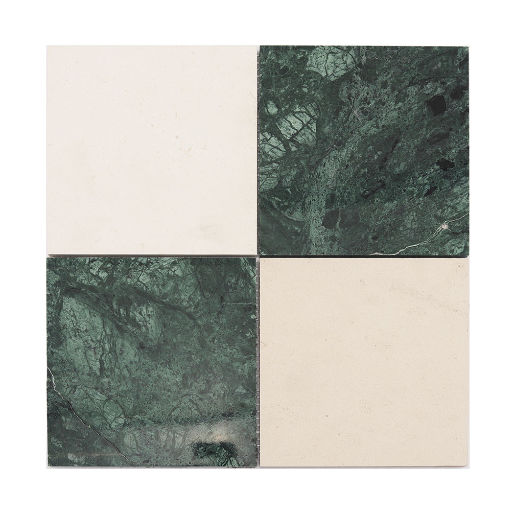 Front view of beige and dark green marble checkered mosaic tile
