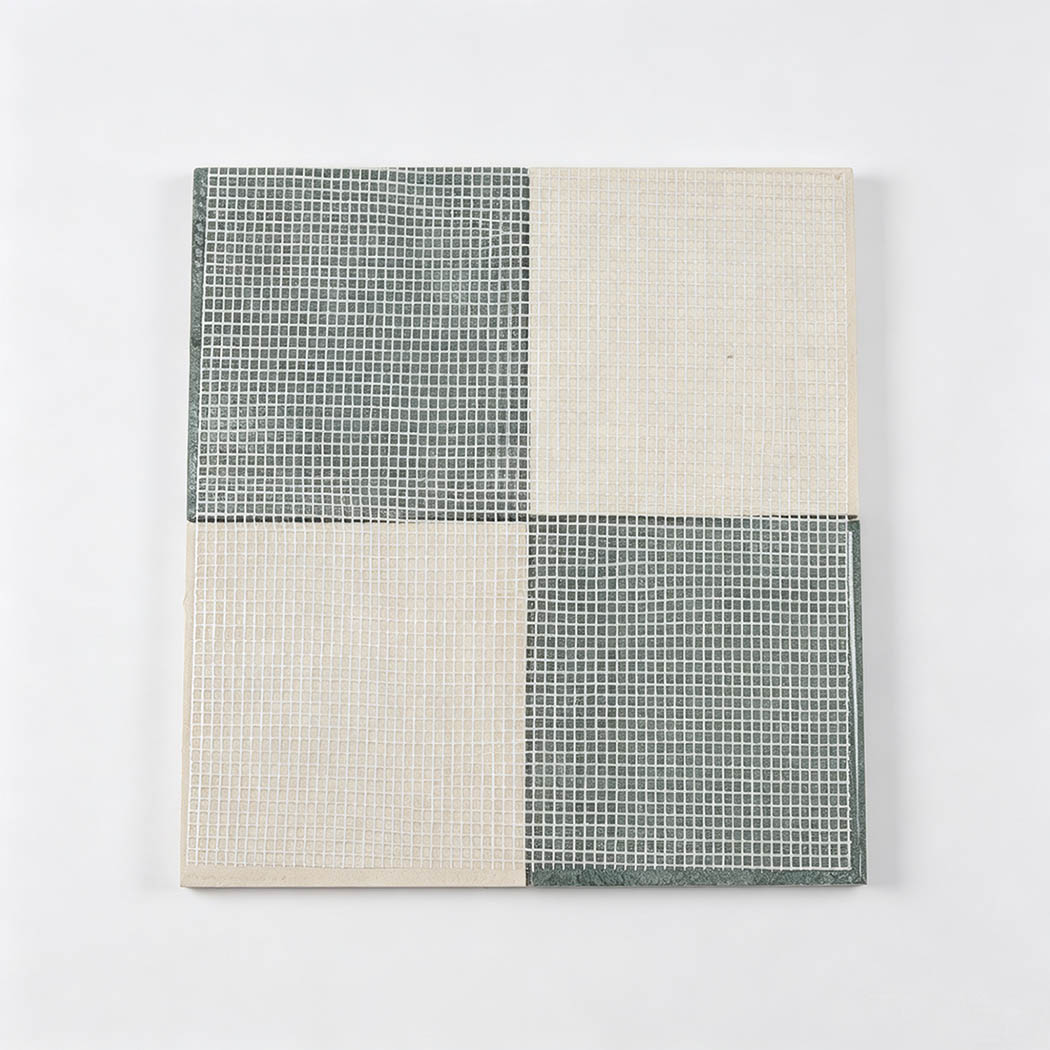 Beige and dark green marble checkered mosaic tile with mesh backing