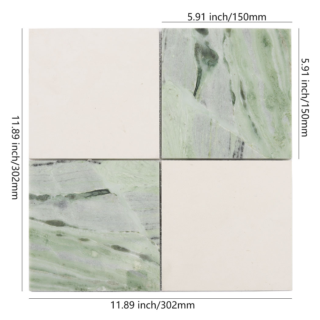 Beige and light green marble checkered mosaic tile with 11.89 inch dimensions