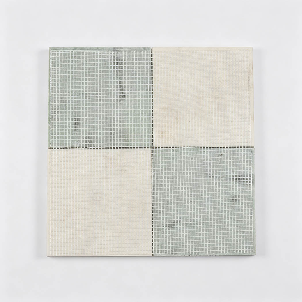 Beige and light green marble checkered mosaic tile with mesh backing