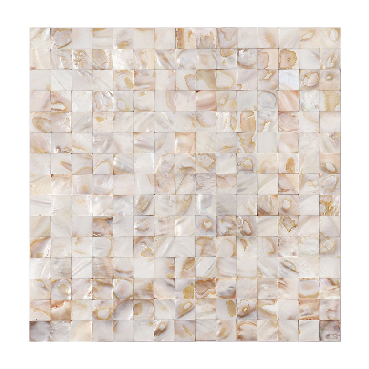 Beige and ivory natural shell mosaic tile sheet with shimmering polished surface