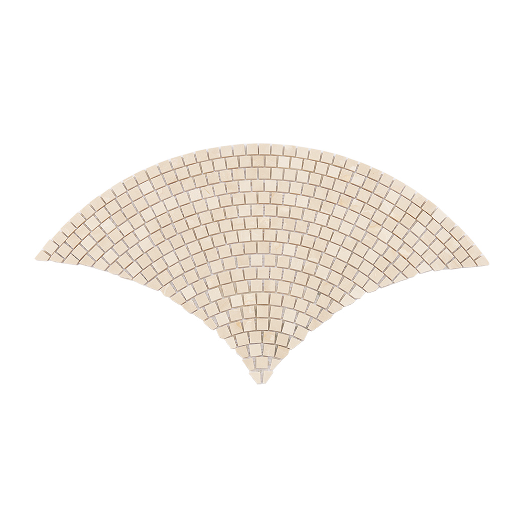 Full sheet of beige fan shaped marble mosaic tile with curved square layout
