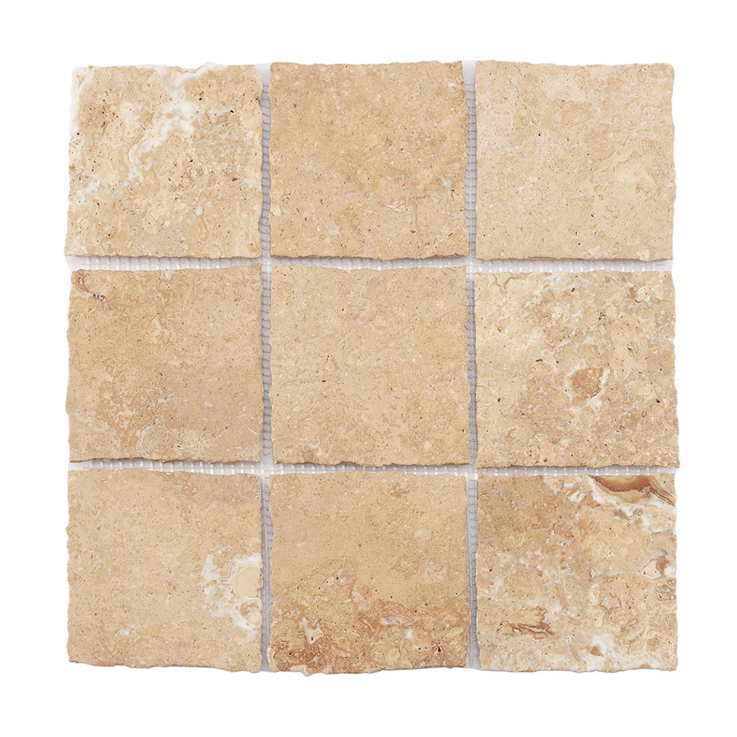 Full sheet of beige limestone square mosaic tile with warm fossil markings