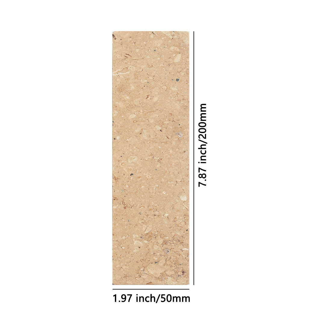 Beige rectangular limestone tile with natural fossil texture and size guide