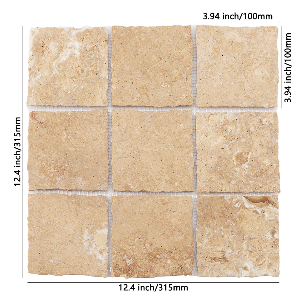 Beige square limestone mosaic tile sheet with natural stone texture and size guide