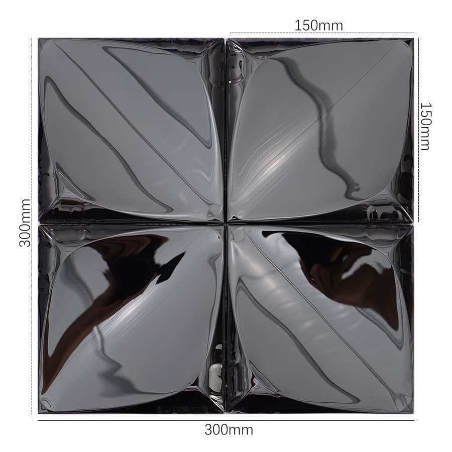 Measured sheet of 3D black stainless steel mosaic tile in petal-shaped squares.