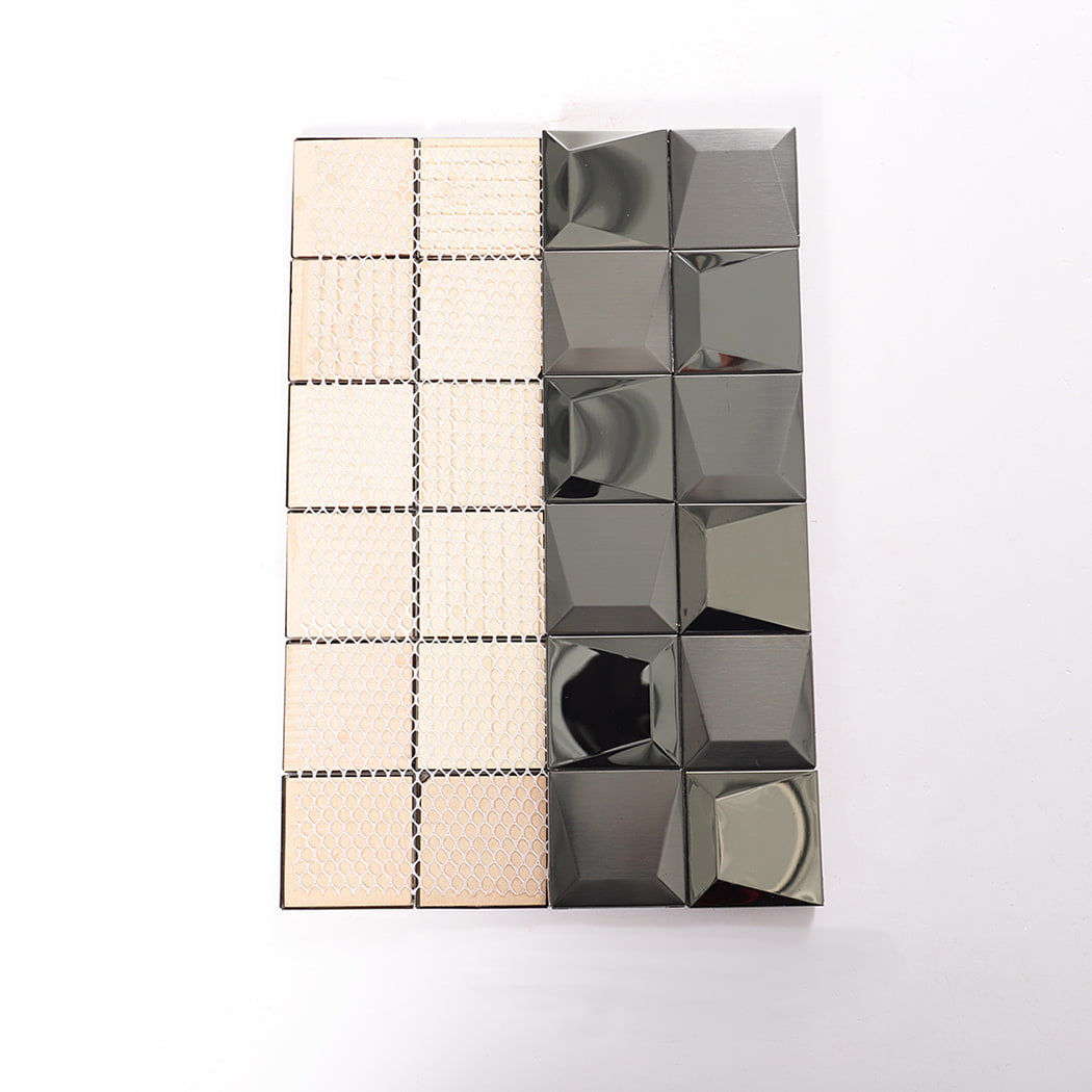 Back view of black 3D stainless steel mosaic tiles showing mesh backing.