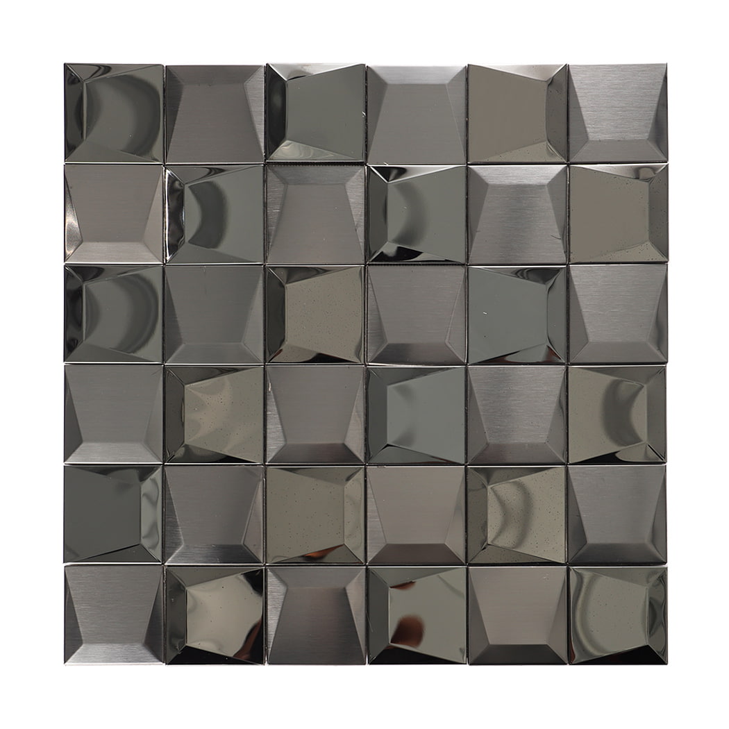 Front view of a black 3D stainless steel mosaic tile sheet.