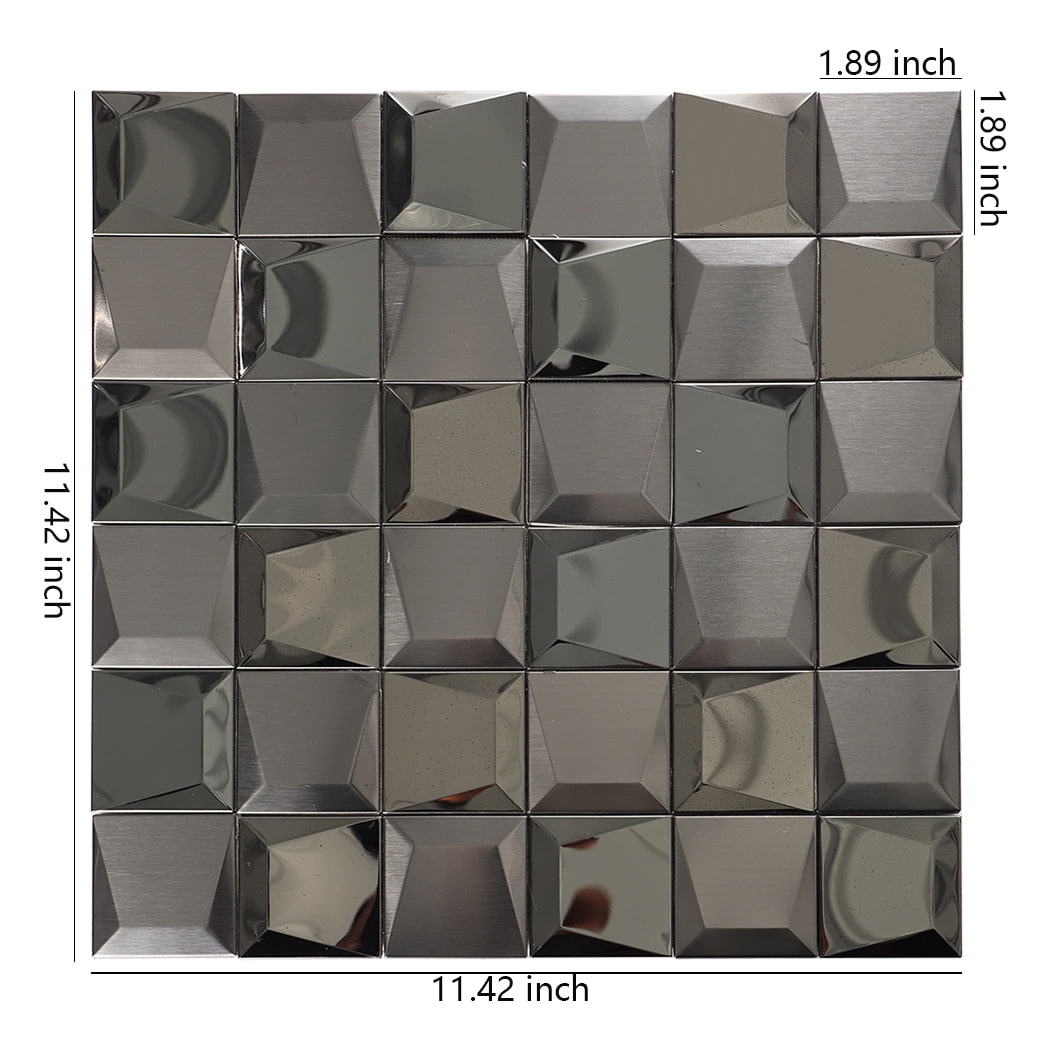 Black 3D stainless steel mosaic tile sheet with size measurements.
