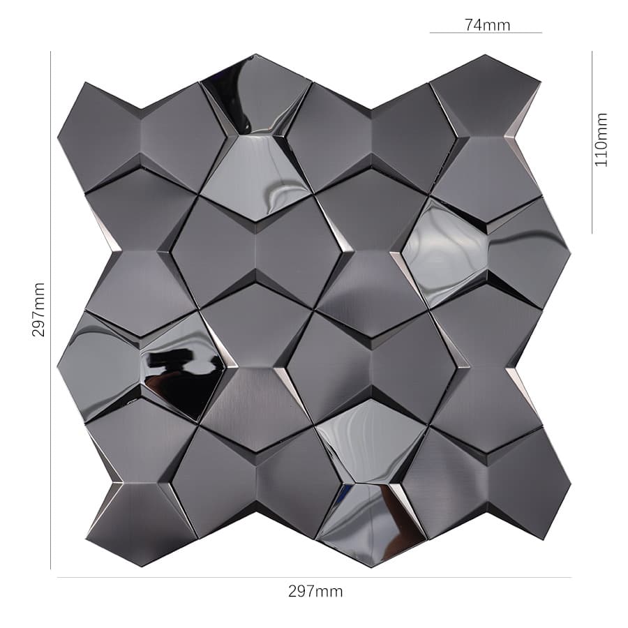 Black 3D stainless steel geometric tile with dimensions