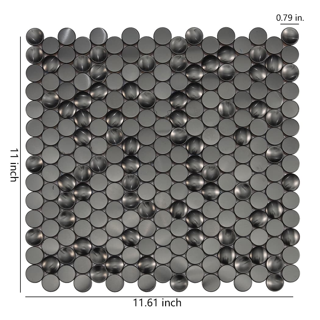 Dimensions of a black brushed mixed concave flat and convex circular stainless steel mosaic sheet.