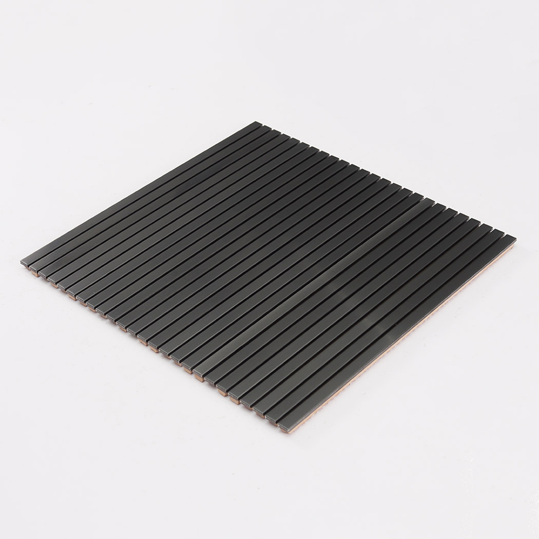 Angled view of black brushed stainless steel ribbon tile sheet