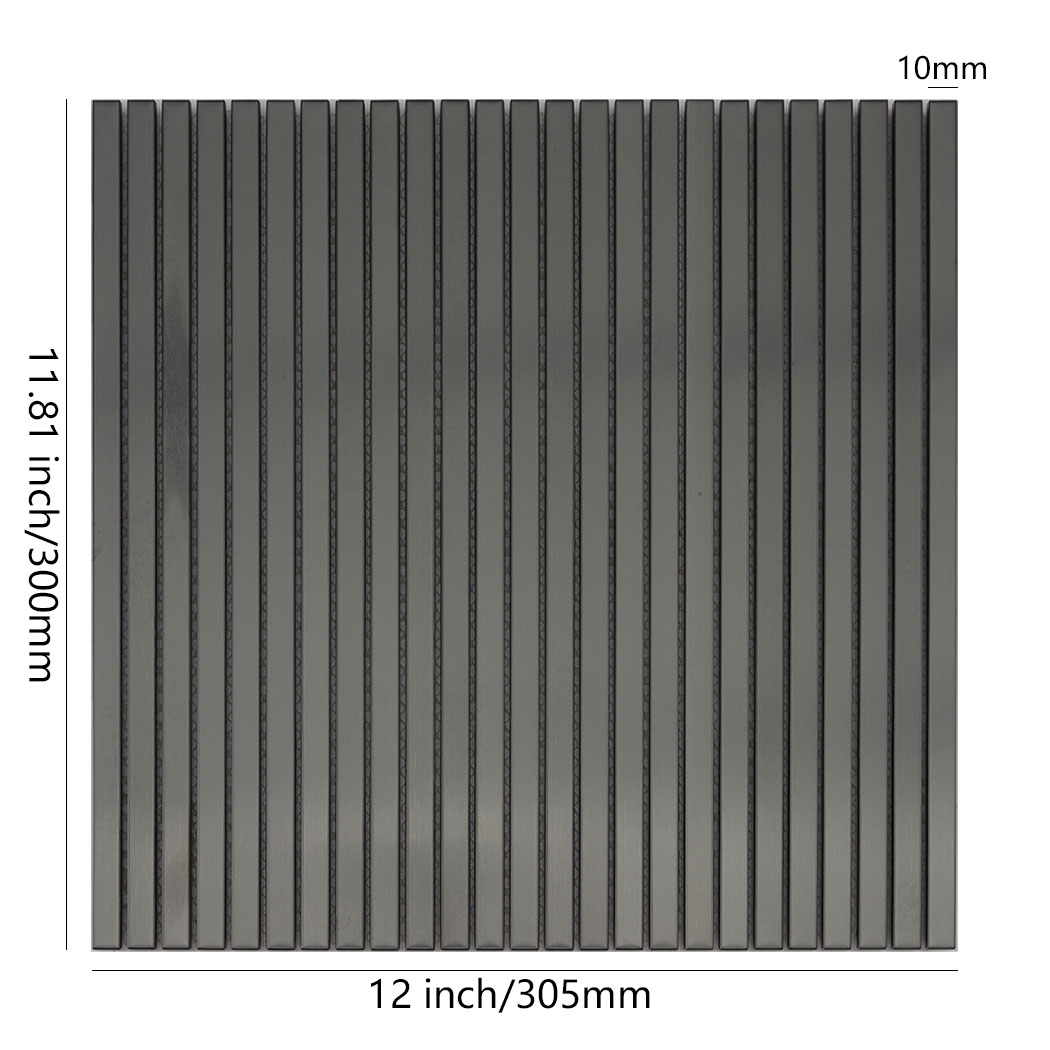 Black brushed stainless steel ribbon tile sheet with 12 by 11.81 inch dimensions