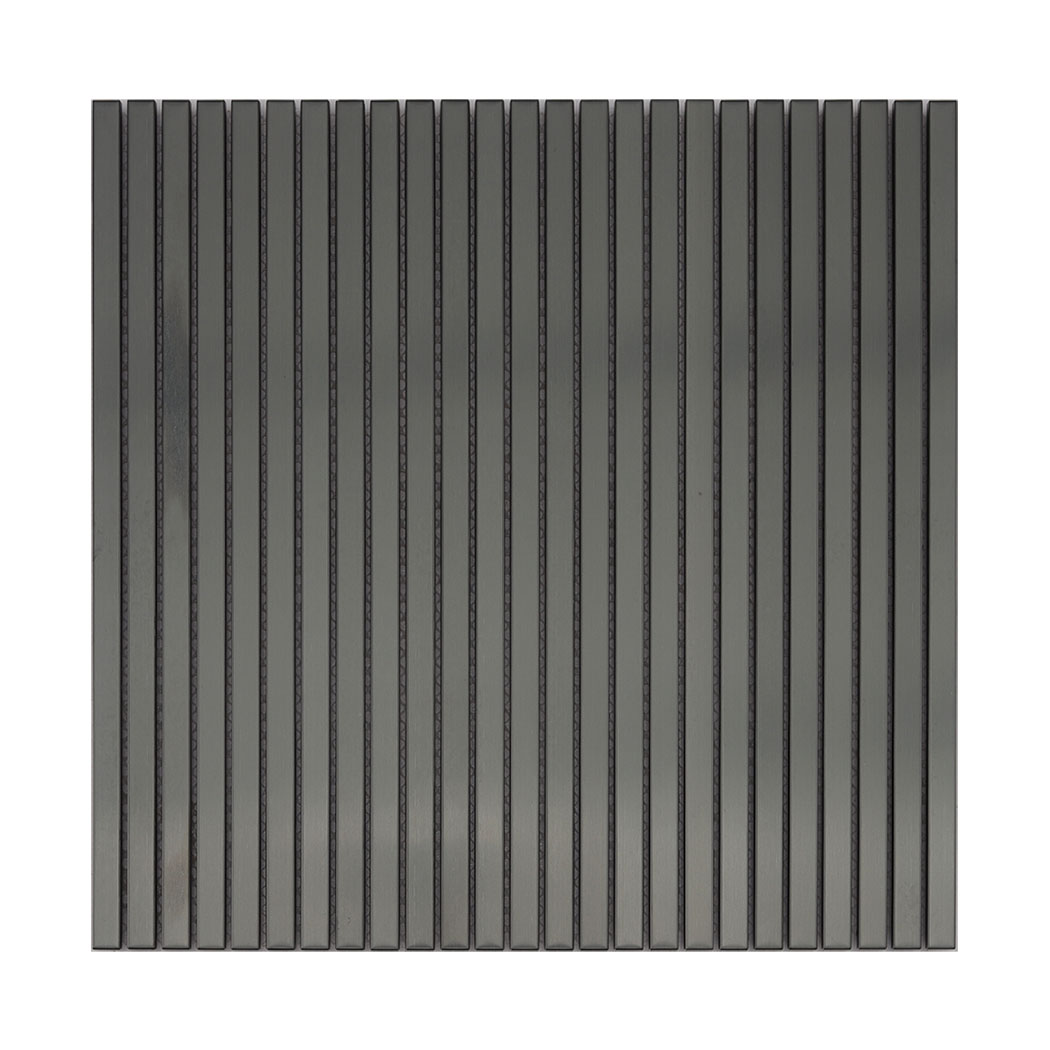Front view of black brushed stainless steel ribbon tile sheet