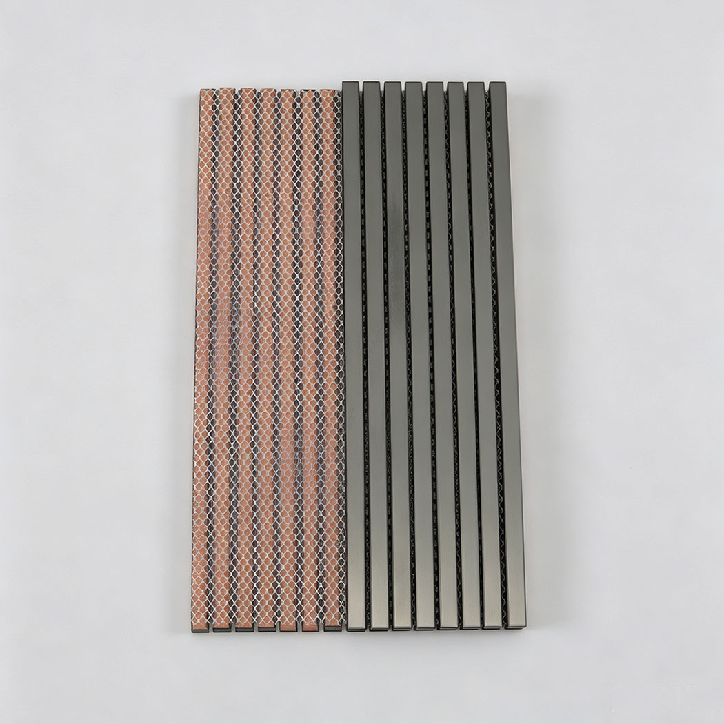 Black brushed stainless steel ribbon tile sheet with mesh backing