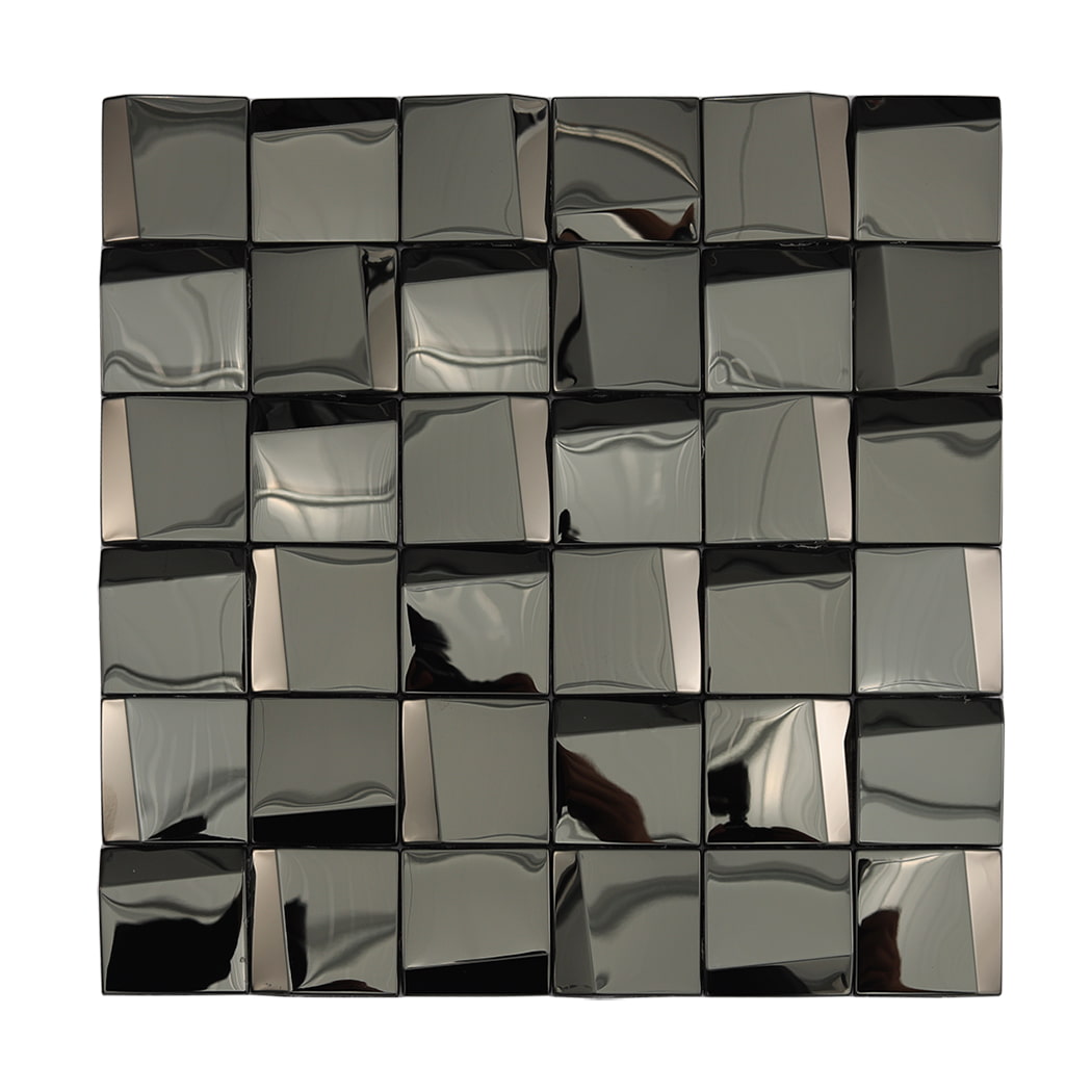 Full sheet of black chrome 3D square mosaic tiles with reflective angled surfaces.